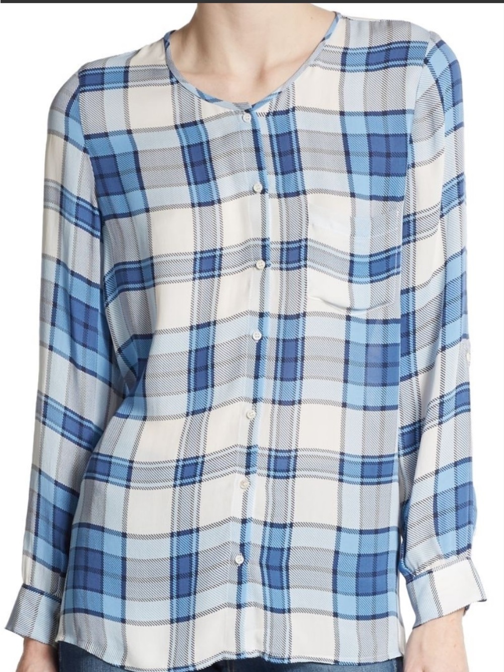 100% Silk Joie Blue Plaid Button-Front Women’s Blouse women’s Size Medium
